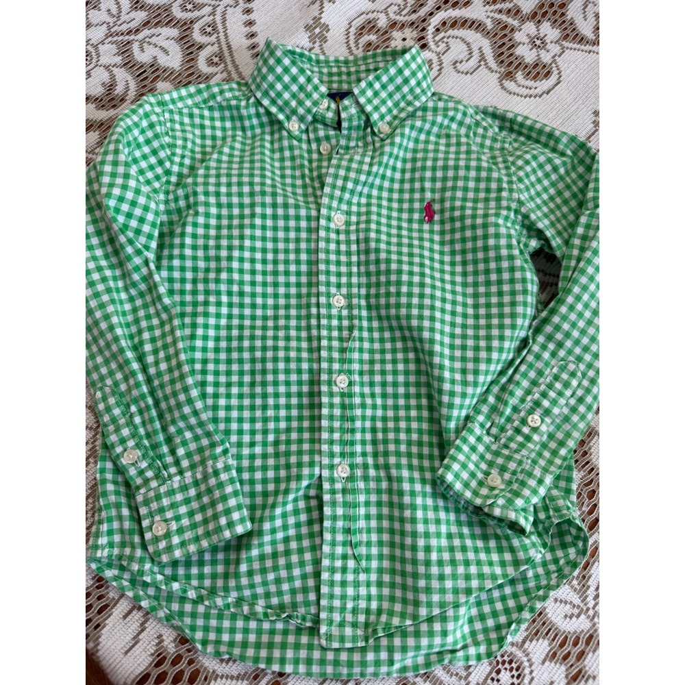 Ralph‎ Lauren Boys Green Gingham Button Down Shirt Size 5 Pink Pony Logo